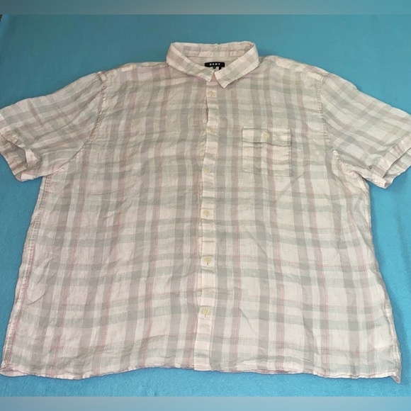 DKNY Linen plaid short sleeve button down 1 chest pocket pink gray white size 2X - Picture 1 of 14